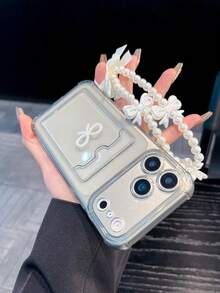 Funda de teléfono transparente con lazo de perlas 3D y soporte para tarjetas, cubierta protectora anti-caídas y anti-arañazos, apta para iPhone 17 Pro Max, 17/16/15/14/13/12/11, Serie S20-S25, Serie Note 14/13/12, A56 5G - transparente - Ver 4