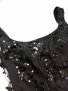 UNITHORSE Women's Square Neck Backless Tie-Waist Sequin Beaded Bodycon Dress, Evening Gown - Black - View 7