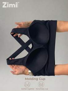 Zimi Collection Bra Olahraga Ukuran Besar dengan Dukungan Tinggi, Tanpa Kawat, Tali Silang Belakang, Pengait yang Dapat Diatur, Atasan Pendek untuk Kebugaran, Lari, Tinju, Bulu Tangkis - Hitam - View 3