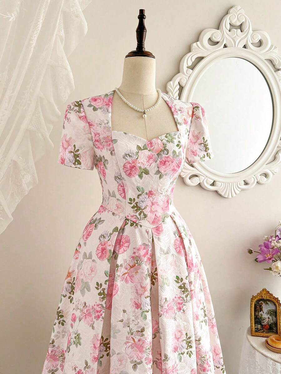 r Vestido de mujer elegante y vintage de jacquard, vestido casual para, vacaciones y verano. Vestidos elegantes para fiestas, bodas, graduaciones, bailes de graduación y ceremonias. Vestidos elegantes para cumpleaños y vacaciones. - Rosa - Ver 1