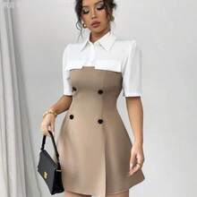 Fengyu Women's Clothing Store  Vestido-camisa casual de manga corta para mujer en 2 colores contrastantes - Rosa vieja - Ver 7