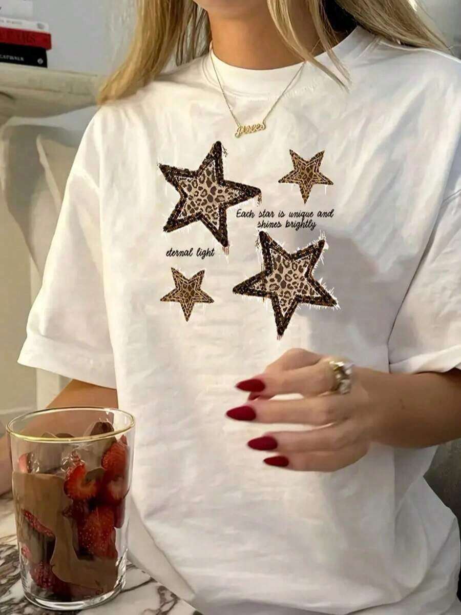 Women's Casual Graphic Print Basic T-Shirt, Short Sleeves, Round Neck, Relaxed, Comfortable, Versatile, Cool, Lightweight, Colorful Design With Stars, Animal Print, And Text. Street Style T-Shirt, Independence Day, Grunge Retro T-Shirt, Casual Loose Top, Western Style - 白色的 - 查看 1