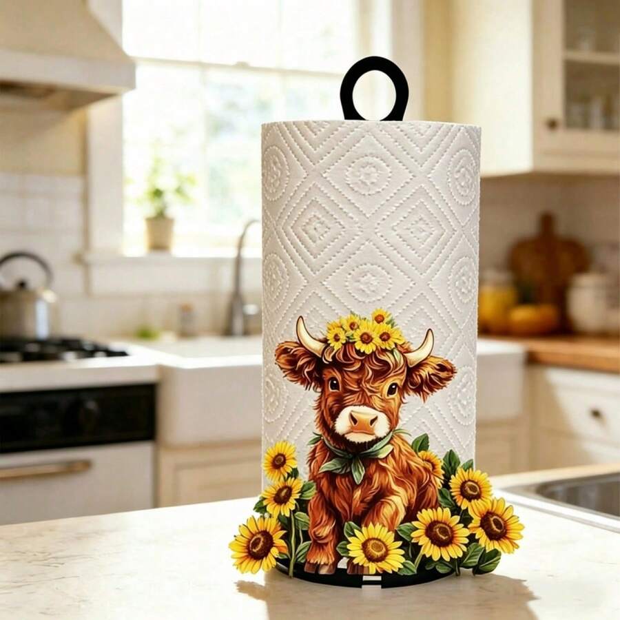 Metal Paper Towel Holder Countertop Rotation Freestanding Highland Cow Kitchen Paper Holder Stand - 黃色 - 查看 1