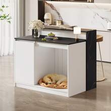 Kitchen Island With Bar Counter, Multifunctional Kitchen Table With Pet Resting Area, For Kitchen And Dining Room, White And Black Marble Look, 120 * 80 * 100 Cm - White+Black - View 3
