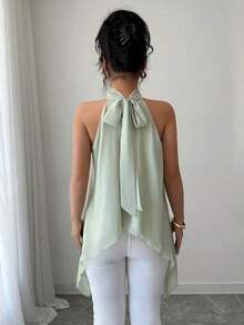 informal sin mangas color verde menta con cuello halter, top con bajo asimétrico para el verano - Verde - Ver 4