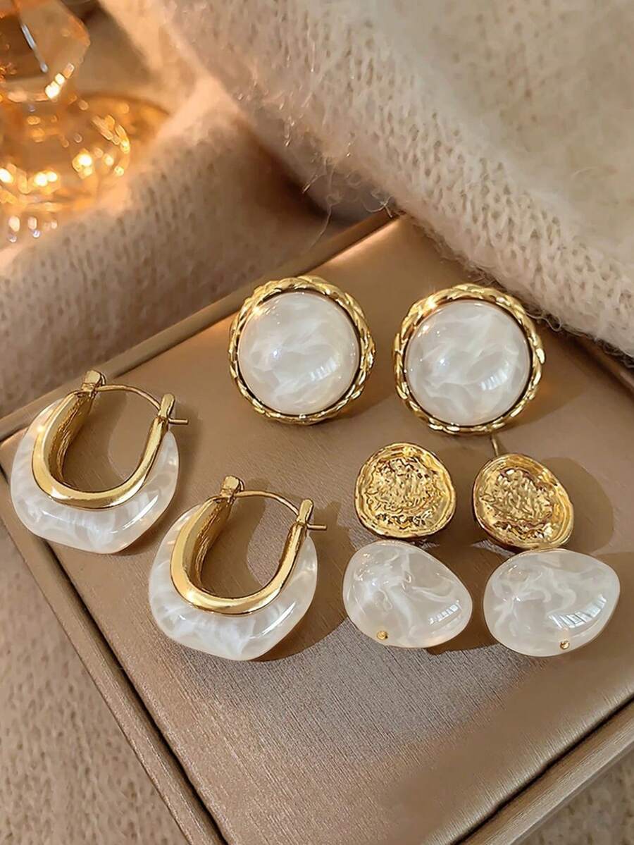 3對復古樹脂耳環套組，適合女性日常配戴、派對與舞蹈場合 - 白色 - 查看 1
