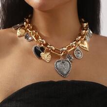 1pc Metal Heart & Butterfly Pendant Necklace With Thick Chain, Suitable For Women's Daily Gothic Style Wear - Multicolor - View 7