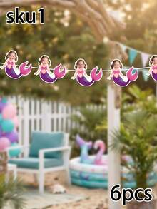 2/4/6pcs Custom Photo Mermaid Face Bunting Banner, Under The Sea Themed Garland, Girls Birthday Party Decor, Photo Booth Prop, Underwater Scene Happy Birthday Party Decor, Background Wall Hanging Banner - Multicolor - View 9