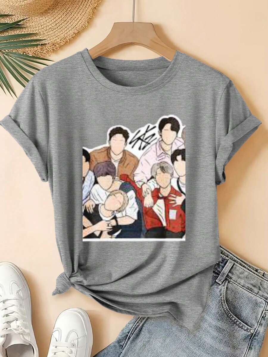 Diseño de retrato de grupo en estilo de dibujo animado Estampado digital Manga corta Unisex Algodón puro Holgado y cómodo - Gris - Ver 1