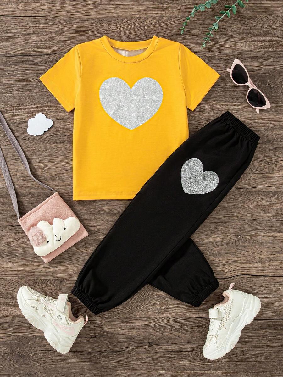 2pcs/Set Girls Casual Everyday Heart Print Short Sleeve T-Shirt And Long Pants Set, Summer - Yellow - View 1