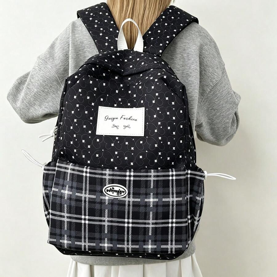 Casual Large Capacity Plaid Patchwork Side Pocket Drawstring Closure Fashionable Backpack, Suitable For School, Classes, Work, Shopping, Travel, Back To School Season - Multicolor - View 1