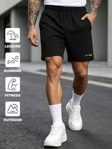 Pantalones cortos casuales para hombre, ligeros, transpirables, con cordón en la cintura, adecuados para senderismo, correr, fitness - Negro - Ver 4