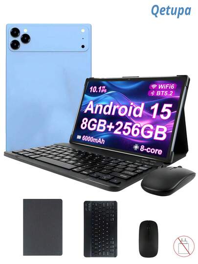 Qetupa Android 15 10.1英寸平板电脑，配备保护套、键盘和鼠标，8GB RAM + 256GB ROM（支持1TB SD卡扩展），MTK6771八核2.0GHz处理器，高清(1280x800) IPS触控屏，500万像素前置摄像头和800万像素后置摄像头，6000mAh电池，蓝牙5.2，802.11ax Wi-Fi 6，GPS