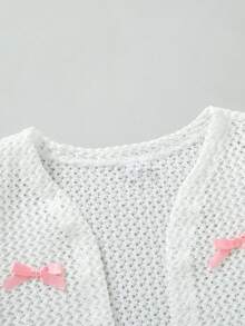 2pcs/Set Pakaian Kasual Anak Perempuan Warna Polos dengan Hiasan Pita, Atasan Kardigan Lengan Pendek dan Gaun Kasual Selutut dengan Tali Bahu Tipis, Musim Panas - Berwarna merah muda - View 3