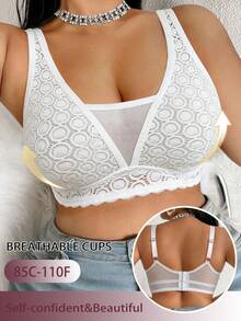 Bra Tanpa Kawat Motif Renda Patchwork Ukuran Besar untuk Wanita, Bra Olahraga Santai yang Nyaman dengan Desain Belakang yang Bernapas - Putih - View 3