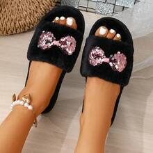 New Shiny Bow Decor Fluffy Flat Slippers, Adorable Plush Slippers For Women, Suitable For Indoor & Outdoor Wear, Warm And Comfortable Ladies Furry Flat House Slippers - Black - View 7