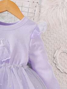 Young Girls' Cartoon Knit Contrast Mesh Princess Dress, Suitable For Spring & Autumn - Purple - View 4