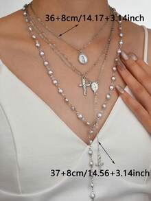 Lalippa 4pcs Y2K Cross Pendant Necklace Set, Pearl Layered Necklace, Vintage Choker Necklace For Women, Suitable For Party And Holiday Wear - Multicolor - View 12