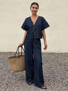 Conjunto de top con manga corta y amarre al frente, y pantalones vaqueros de corte holgado para mujer - Azul - Ver 1