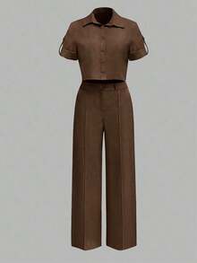 ANCHOSE Conjunto de camisa de mujer de verano con cuello vuelto, botones y mangas con puños + pantalones de cintura alta, elástica y pierna ancha, conjunto de vestimenta casual minimalista y elegante para ir al trabajo - Café integral - Ver 2