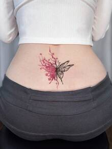 1 Pc Pink & Black Rose Butterfly Temporary Tattoo Sticker, Waterproof Long Lasting Fake Floral Insect Tattoo, Aesthetic Body Art For Shoulder - Multicolor - View 4