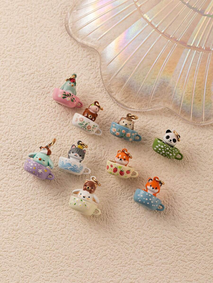 3pcs New Painted Tea Cup Animal Pendant, Cute Cartoon Style, Enamel Drip Glaze Craft, 14K Gold Plated, Copper Material, Designed For Daily Small Parties And Family Gatherings, Charming Daily Jewelry, Jewelry Pendant, Jewelry Making Pendant, High-End Jewelry - Color - View 1