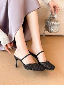 Xin Jing Shoes 女款優雅休閒性感派對細高跟鞋 時尚百搭圓頭網布通勤中跟涼鞋 - 黑色 - 查看 3