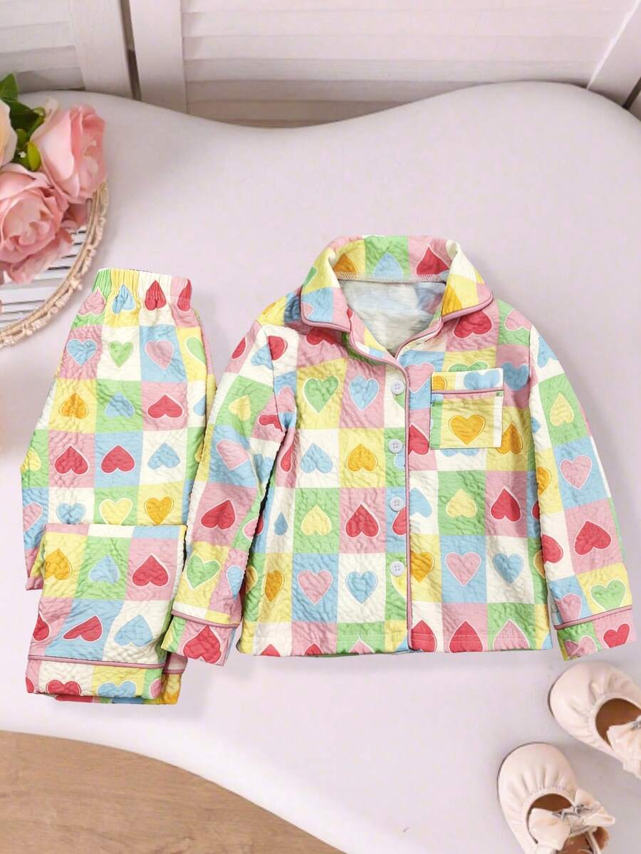 2pcs/Set Girls' Textured Cardigan Loungewear Set, Spring/Autumn/Winter, Cute Dopamine Heart Pattern Print, Front Open Button-Up Top, Elastic Waist Long Pants, Soft Versatile Casual Home Wear For Young Girl, Sweet And Youthful - Green - View 1