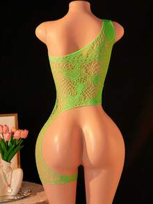 Women's Asymmetric Sexy Lingerie Rhinestone One Shoulder Bodysuit With Bows Seductive Fishnet Hollow Out Teddy Underwear For Night - Green - View 2