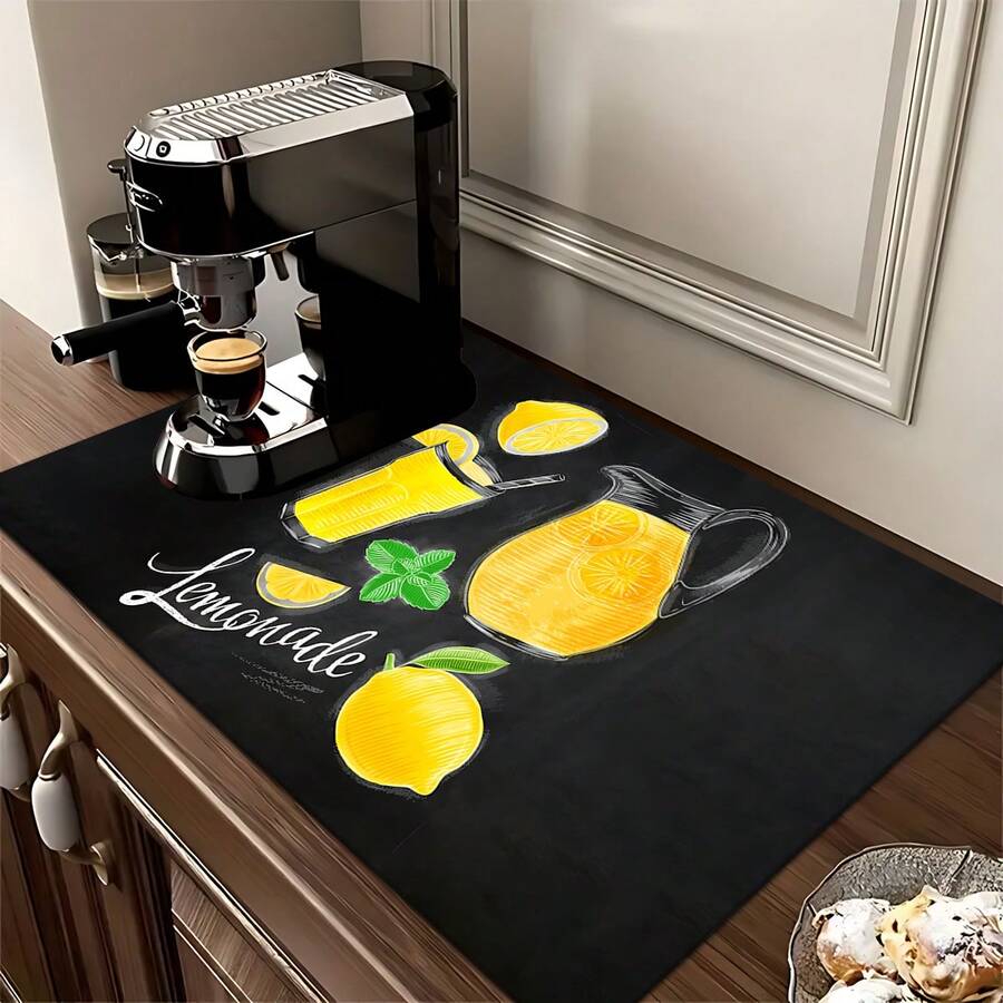 1 pieza Alfombrilla absorbente para secar platos con estampado de limón, Alfombrilla absorbente para encimera de máquina de espresso, Alfombrilla absorbente para fregadero, Alfombrilla absorbente suave para grifo, Alfombrilla absorbente para taza de fregadero, Accesorios para cocina y baño - Multicolor - Ver 1