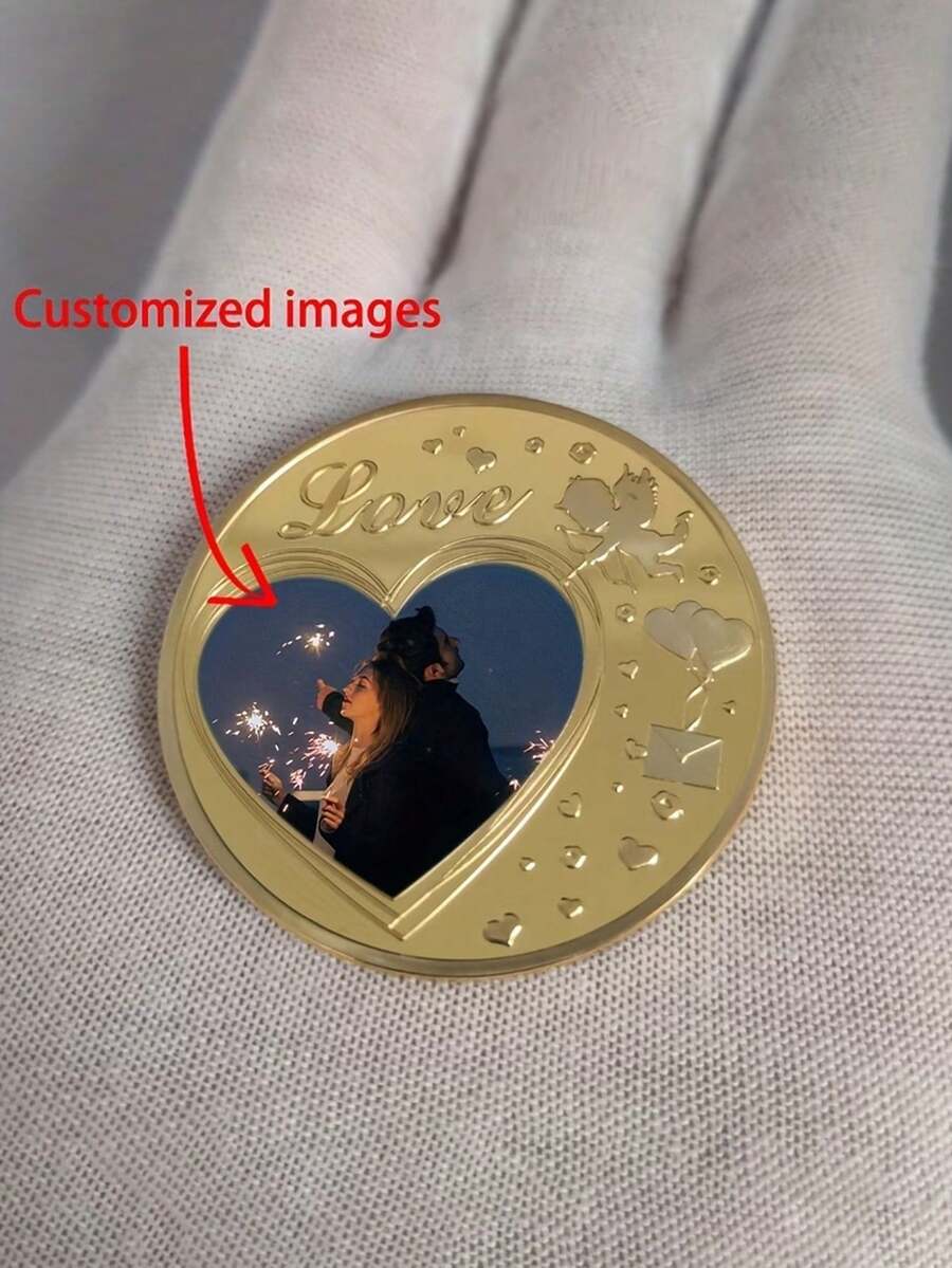 Regalo creativo personalizado con foto, moneda réplica, moneda conmemorativa de pareja con foto de corazón redondo, moneda conmemorativa con patrón de rosa, regalo del Día de San Valentín - Multicolor - Ver 1