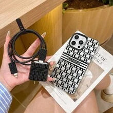 Bộ 6 món ốp lưng điện thoại màu bạc đen tích hợp họa tiết chữ đen, bao gồm: nắp bảo vệ đầu sạc, bảo vệ cáp, dây đeo, dây quấn cáp dữ liệu, ốp bảo vệ chống sốc bằng TPU. - Nhiều màu - Xem 5