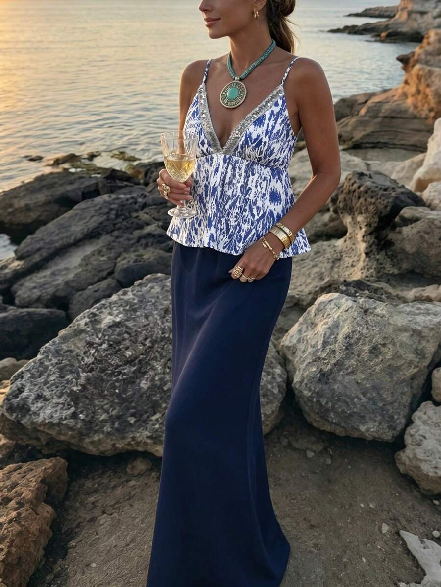 女款亮片裝飾滿版印花露背細肩帶背心與純色裙 2 件套優雅套裝 - 藏蓝色 - 查看 1