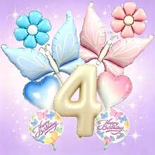 Conjunto de globos con temática de mariposas soñadoras, incluye globos con números en blanco lechoso, globos de mariposas en degradado rosa y azul, globos de margaritas, globos de corazones en degradado, adecuado como regalo sorpresa para niños y niñas, fiesta de cumpleaños con tema de hadas, reunión lúdica entre padres e hijos, decoración de habitación femenina, celebración o fiesta del centésimo día del bebé, creando una atmósfera de fiesta inspirada en cuentos de hadas, alegre, suave y enérgica - Ver 7