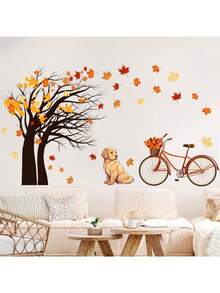 Herbst Ahornbaum Wandtattoo, süßer Golden Retriever Hund mit Fahrrad und Herbstblättern Wandaufkleber, abnehmbar und selbstklebend saisonale Heimdekoration - Herbstliche Ahornbäume - Übersicht 2