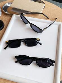 3pcs Retro Oval Narrow Frame Black Fashion Fashion Glasses, Plastic Classic Style For Outdoor Travel Beach Vacation Casual Wear, Summer UV Protection Shades Unisex - Black - View 2