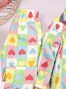 2pcs/Set Girls' Textured Cardigan Loungewear Set, Spring/Autumn/Winter, Cute Dopamine Heart Pattern Print, Front Open Button-Up Top, Elastic Waist Long Pants, Soft Versatile Casual Home Wear For Young Girl, Sweet And Youthful - Green - View 4