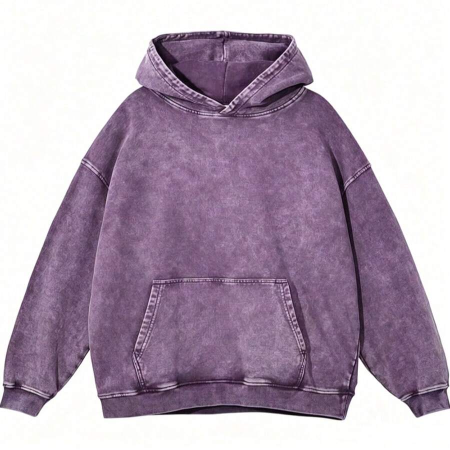 Men's Washed Distressed Pocket Hoodie Vintage Oversized Hoodie Acid Wash Cotton Pullover Hoodies For Streetwear Sweatshirts - Street Fashion - 紫色 - 查看 1
