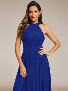 EVERPRETTY Charming Women's Halter Neck Backless Sleeveless Pleated Ruched Twist Design High Elastic Formal Evening Gown Wedding Party - Royal Blue - View 1