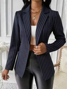 Women's Fashion Pinstripe Blazer, Single Button Slim Fit, Suitable For Formal And Business Occasions In Autumn And Winter. - Navy Blue - View 2