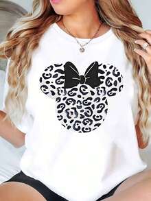 Disney Minnie Mouse Leopard Print Bow Design Women T Shirt Round Neck Short Sleeve Casual Everyday Wear Summer Holiday Soft Comfortable 220g - White - View 1