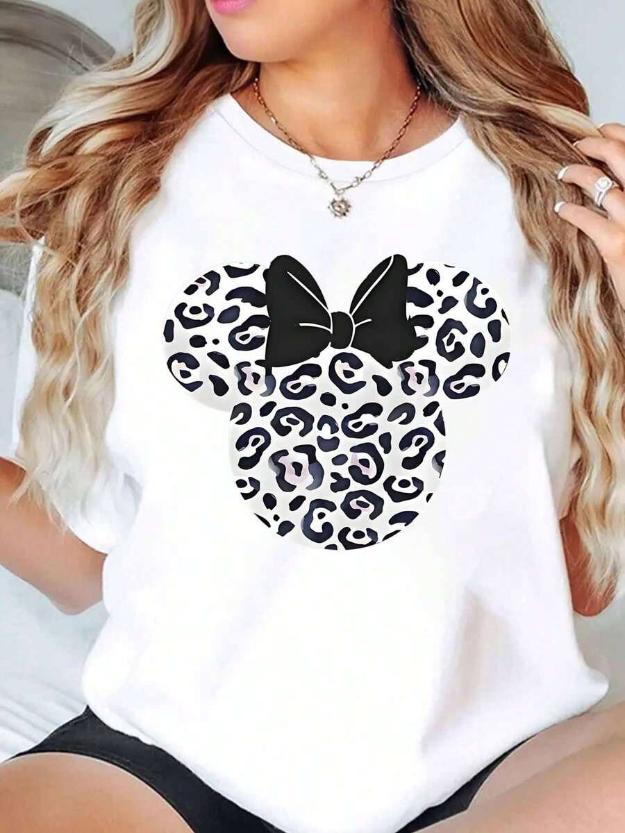 Disney Minnie Mouse Leopard Print Bow Design Women T Shirt Round Neck Short Sleeve Casual Everyday Wear Summer Holiday Soft Comfortable 220g - trắng - Xem 1