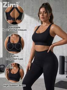 Zimi Collection Bra Olahraga Ukuran Besar dengan Dukungan Tinggi, Tanpa Kawat, Tali Silang Belakang, Pengait yang Dapat Diatur, Atasan Pendek untuk Kebugaran, Lari, Tinju, Bulu Tangkis - Hitam - View 4