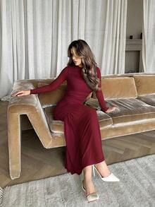 Vestido de manga larga con cuello redondo y malla, adecuado para la temporada de otoño, atuendo de regreso a la escuela, vestimenta de maestro - Burdeos - Ver 6
