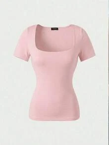 Blusa de manga corta y cuello redondo casual y elegante, adecuada para uso diario, ir al trabajo y salir, primavera/verano - Rosa - Ver 6