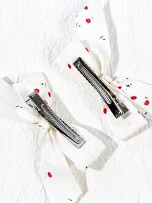 2pcs Women's White Base Red Polka Dot Bow Hair Clips, Fresh Pastoral Style, Fashionable Versatile Headwear,Hair Barrettes - White - View 3