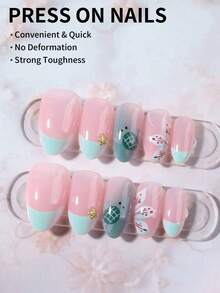 30片短杏仁形花卉與海洋美甲法式穿戴式假指甲，短款完美貼合假指甲組，包含：1件凝膠指甲油與1件指甲銼條，短杏仁形美甲 - 彩色 - 查看 2