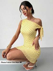 Vestido mini de vacaciones nuevo de verano para mujer, con estilo retro clásico, lunares asimétricos y hombros descubiertos, sexy y elegante. Vestido de lunares de malla - Amarillo - Ver 3