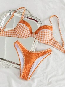 Stretchy Sexy Women's Bikini Set, Spaghetti Strap Design, Contrast Mesh Details, Blue Plaid & Ditsy Floral Vacation Beach Summer - Orange - View 3