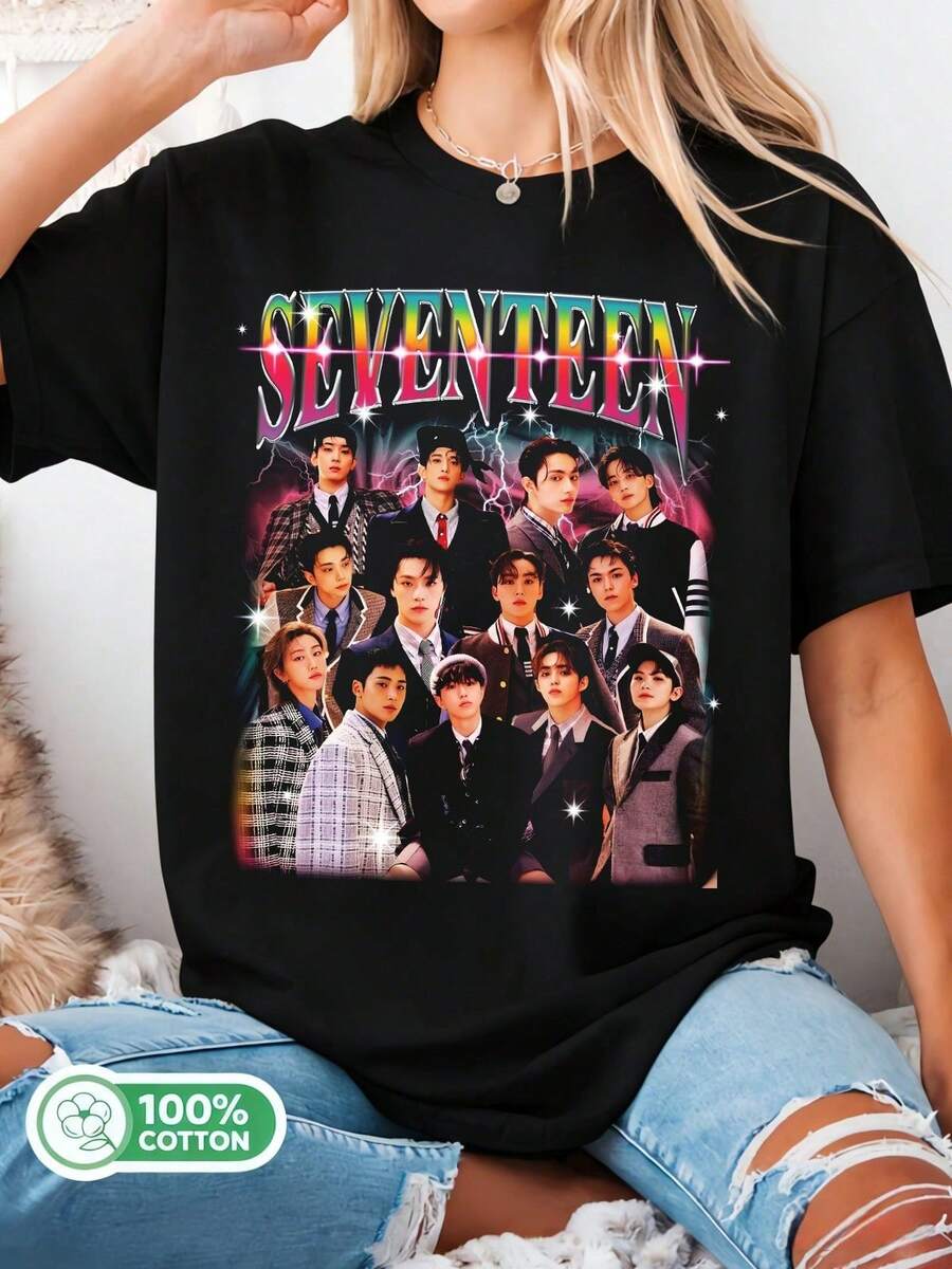 SEVENTEENs K-Pop Group Photo Vintage Bootleg Graphic T-Shirt, Retro Style Oversized Black Tee For CARAT - Black - View 1